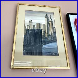 VTG 70s MID CENTURY MODERN NY CITYSCAPE ORIG PAINTING MANHATTAN SIGNED FRAMED