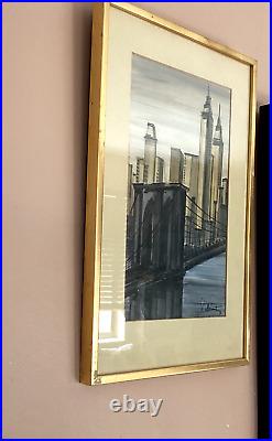 VTG 70s MID CENTURY MODERN NY CITYSCAPE ORIG PAINTING MANHATTAN SIGNED FRAMED