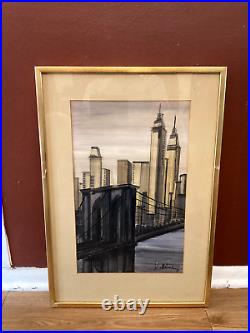 VTG 70s MID CENTURY MODERN NY CITYSCAPE ORIG PAINTING MANHATTAN SIGNED FRAMED