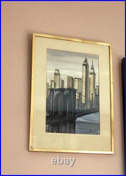 VTG 70s MID CENTURY MODERN NY CITYSCAPE ORIG PAINTING MANHATTAN SIGNED FRAMED