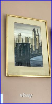 VTG 70s MID CENTURY MODERN NY CITYSCAPE ORIG PAINTING MANHATTAN SIGNED FRAMED