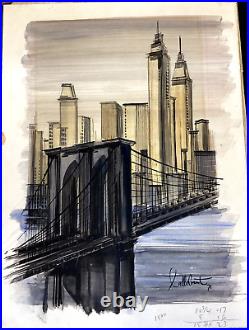 VTG 70s MID CENTURY MODERN NY CITYSCAPE ORIG PAINTING MANHATTAN SIGNED FRAMED