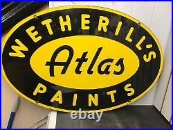 VTG ATLAS WETHERILL'S PAINT TIN SIGN 19X30 DOUBLE SIDED ADVERTISIN 1940'S philly