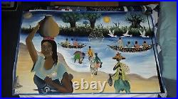VTG African Art Canvas Oil Painting Large 34x54 Pre-owned Signed MK DP