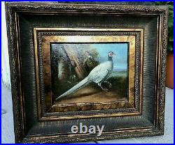 VTG Antiqued Pheasant Birds Figures Artist's Signed Oil Painting Gold Wood Frame