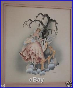 VTG Art Deco Era 1940s Signed BJ Harris Airbrush Painting Watercolor Orig Frame