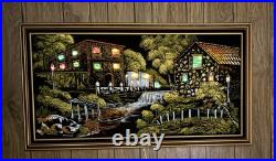 VTG Black Velvet Painting With Back-Lighted Windows 53x29 Signed Ashbrook1972