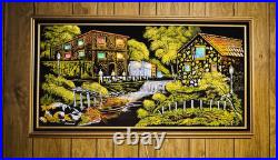 VTG Black Velvet Painting With Back-Lighted Windows 53x29 Signed Ashbrook1972