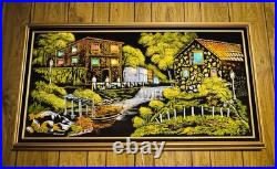 VTG Black Velvet Painting With Back-Lighted Windows 53x29 Signed Ashbrook1972