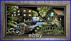 VTG Black Velvet Painting With Back-Lighted Windows 53x29 Signed Ashbrook1972