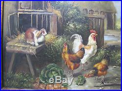 VTG Edgar Hunt School Farm Scene Oil on Wood Painting Rabbit Chickens SIGNED yqz