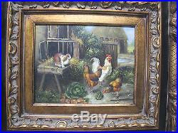 VTG Edgar Hunt School Farm Scene Oil on Wood Painting Rabbit Chickens SIGNED yqz