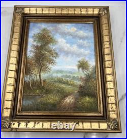 VTG Gold Wood Framed Oil Painting Summer Landscape Trees Lake Signed Miles