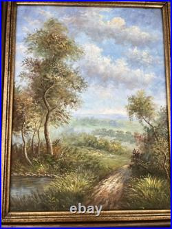 VTG Gold Wood Framed Oil Painting Summer Landscape Trees Lake Signed Miles