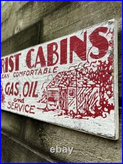VTG Hand Painted Wooden Sign TOURIST CLEAN CABINS GAS OIL Rustic Motel Lodge 29