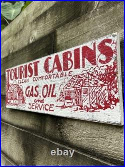 VTG Hand Painted Wooden Sign TOURIST CLEAN CABINS GAS OIL Rustic Motel Lodge 29