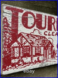 VTG Hand Painted Wooden Sign TOURIST CLEAN CABINS GAS OIL Rustic Motel Lodge 29