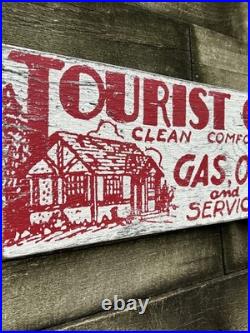 VTG Hand Painted Wooden Sign TOURIST CLEAN CABINS GAS OIL Rustic Motel Lodge 29