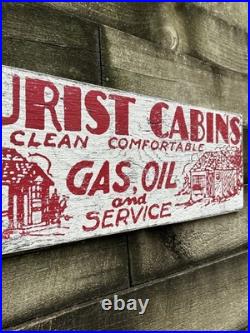 VTG Hand Painted Wooden Sign TOURIST CLEAN CABINS GAS OIL Rustic Motel Lodge 29