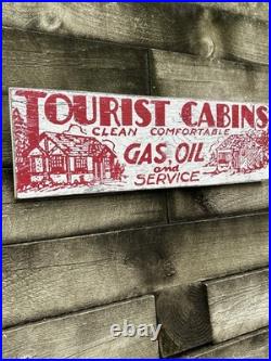 VTG Hand Painted Wooden Sign TOURIST CLEAN CABINS GAS OIL Rustic Motel Lodge 29
