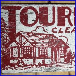 VTG Hand Painted Wooden Sign TOURIST CLEAN CABINS GAS OIL Rustic Motel Lodge 29