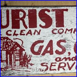 VTG Hand Painted Wooden Sign TOURIST CLEAN CABINS GAS OIL Rustic Motel Lodge 29