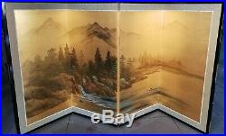 VTG Japanese 4 panel folding screen BYOBU /Gold / painted scenery / signed