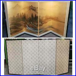 VTG Japanese 4 panel folding screen BYOBU /Gold / painted scenery / signed