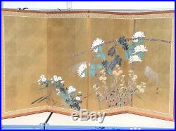 VTG Japanese Chinese 4 Panel Folding Screen Byobu Painted 70x36 Antique Signed