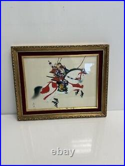 VTG Japanese Samurai Warrior Horseback PAINTING Gouache on Silk SIGNED Framed