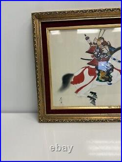 VTG Japanese Samurai Warrior Horseback PAINTING Gouache on Silk SIGNED Framed