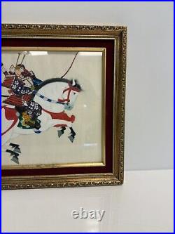 VTG Japanese Samurai Warrior Horseback PAINTING Gouache on Silk SIGNED Framed