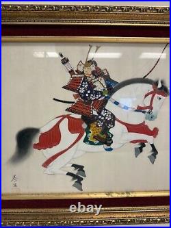 VTG Japanese Samurai Warrior Horseback PAINTING Gouache on Silk SIGNED Framed