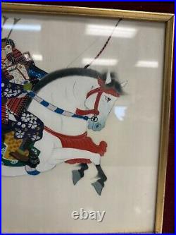 VTG Japanese Samurai Warrior Horseback PAINTING Gouache on Silk SIGNED Framed