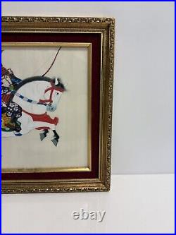 VTG Japanese Samurai Warrior Horseback PAINTING Gouache on Silk SIGNED Framed
