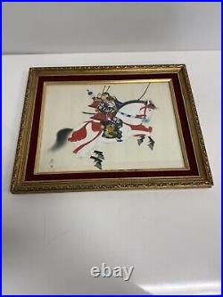 VTG Japanese Samurai Warrior Horseback PAINTING Gouache on Silk SIGNED Framed