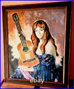 VTG MCM SPAIN Original Painting signed Girl with Guitar FRAMED Beauty Spanish