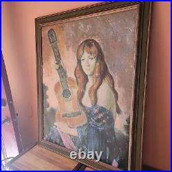 VTG MCM SPAIN Original Painting signed Girl with Guitar FRAMED Beauty Spanish