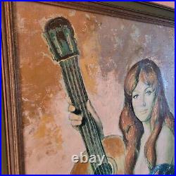 VTG MCM SPAIN Original Painting signed Girl with Guitar FRAMED Beauty Spanish