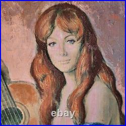 VTG MCM SPAIN Original Painting signed Girl with Guitar FRAMED Beauty Spanish