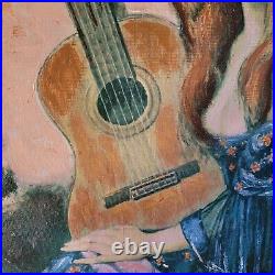 VTG MCM SPAIN Original Painting signed Girl with Guitar FRAMED Beauty Spanish