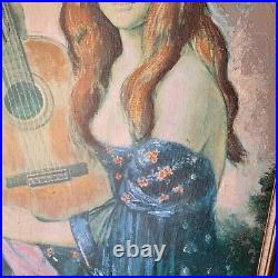 VTG MCM SPAIN Original Painting signed Girl with Guitar FRAMED Beauty Spanish