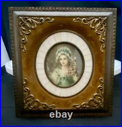 VTG MINIATURE PAINTING'LADY WITH FLOWERS' PORTRAIT, BRASS/SPINE, SIGNED c1910