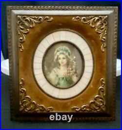 VTG MINIATURE PAINTING'LADY WITH FLOWERS' PORTRAIT, BRASS/SPINE, SIGNED c1910