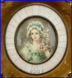 VTG MINIATURE PAINTING'LADY WITH FLOWERS' PORTRAIT, BRASS/SPINE, SIGNED c1910