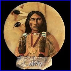 VTG Native American Indian Chief Painting Set On Slab Southwestern Decor Signed