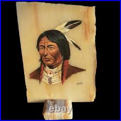 VTG Native American Indian Chief Painting Set On Slab Southwestern Decor Signed