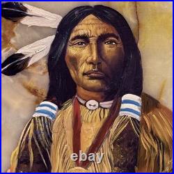 VTG Native American Indian Chief Painting Set On Slab Southwestern Decor Signed