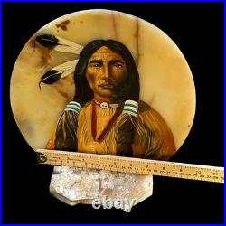 VTG Native American Indian Chief Painting Set On Slab Southwestern Decor Signed