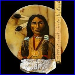 VTG Native American Indian Chief Painting Set On Slab Southwestern Decor Signed